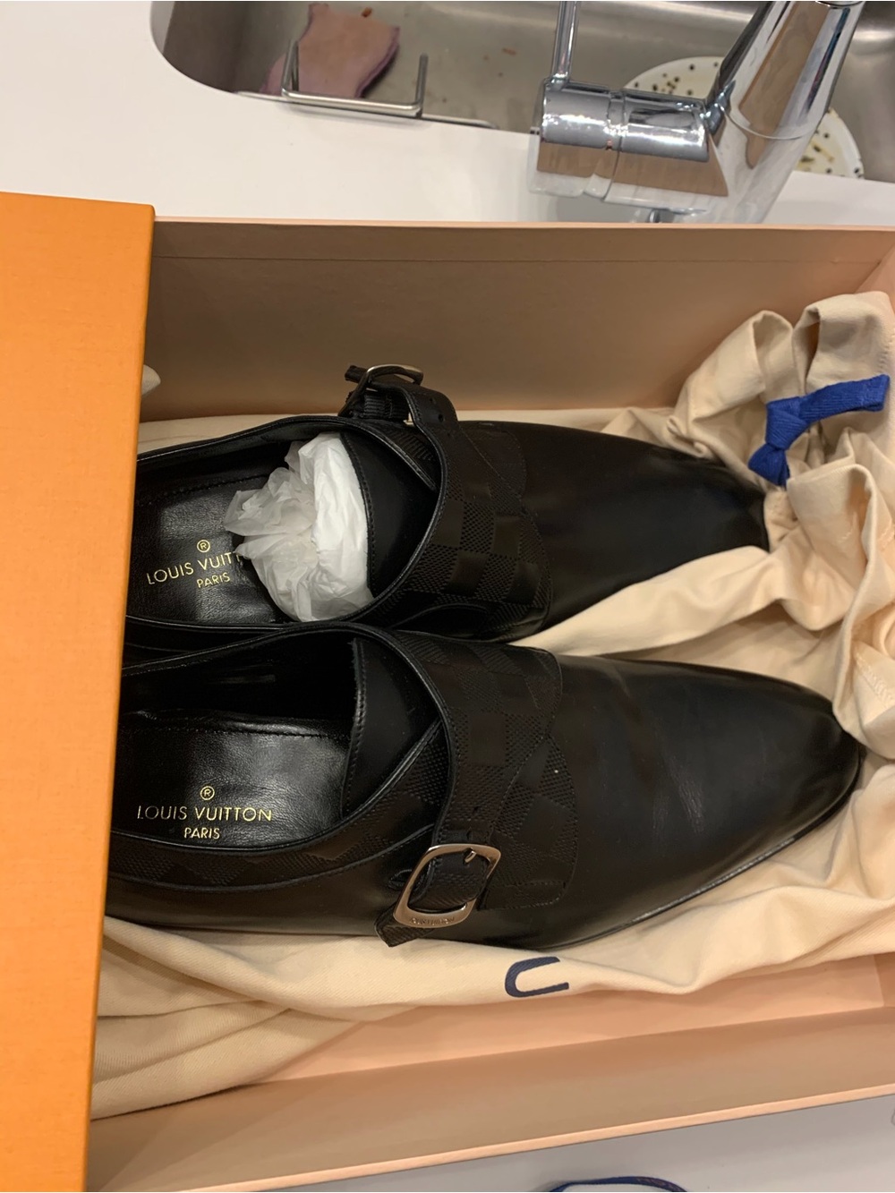 Louis Vuitton Black Leather Checker Monk Strap Oxfords